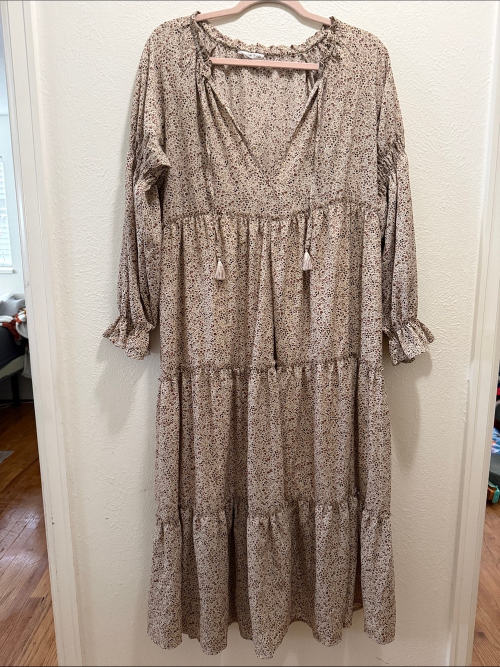 vestique Neutral Floral Tiered Maxi Dress with Tassel Ties